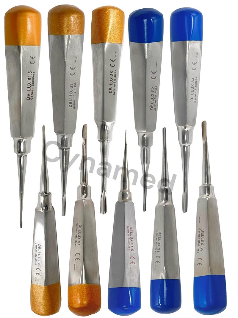 artlab -Dental Luxating Elevator Dental Root Elevators Straight Curved Tip-Periotome Luxating Elevator Apical Root Dental Elavators Extracting Extraction (Elevator Set of 10 STR Gold Blue) - Image 2